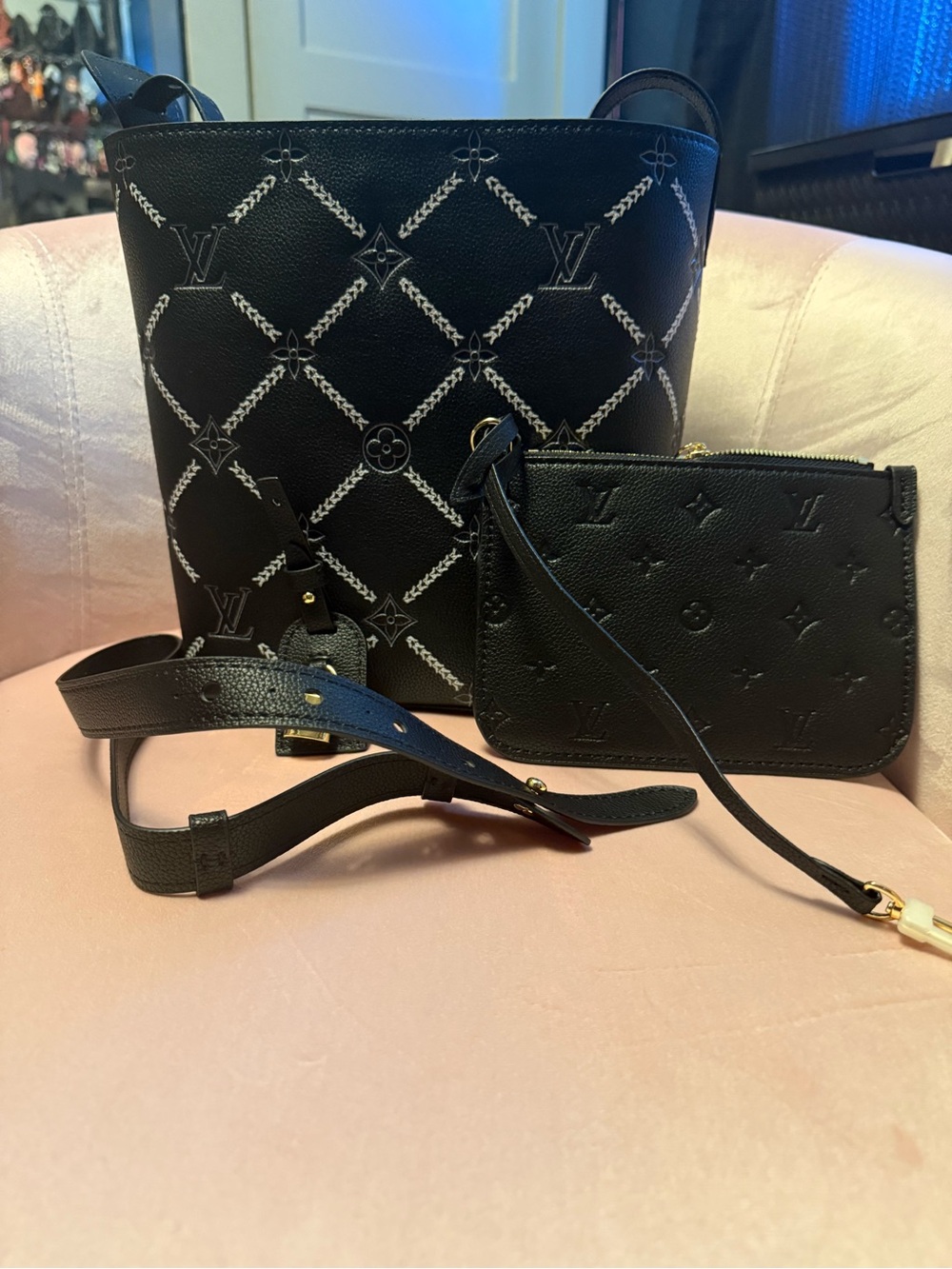 Black Embossed Monogram Shoulder Bag with Detachable Pouch